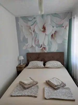 a bedroom with a bed with a flower mural on the wall at vicky 1 in Kotor
