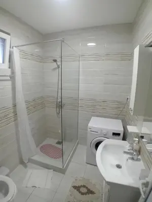 a bathroom with a shower and a toilet and a sink at Apartmani M&V in Sutomore