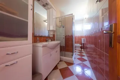 a bathroom with a sink and a shower at Apartments Pelle in Tivat