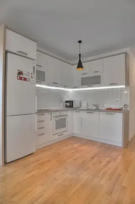 a white kitchen with white cabinets and a refrigerator at Gregovic Family Apartments in Petrovac na Moru