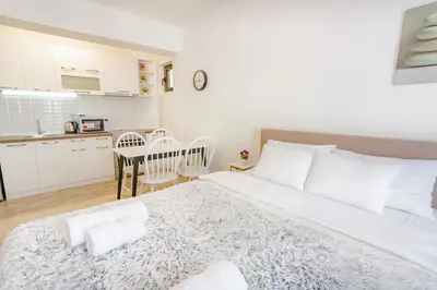 a bedroom with a large bed and a kitchen at Gregovic Family Apartments in Petrovac na Moru