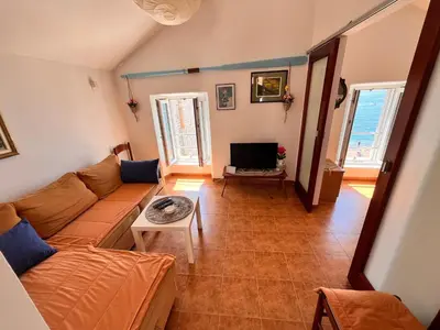 a living room with a couch and a tv at Apartments LIDO Petrovac in Petrovac na Moru