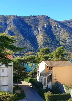 a house on a road with a mountain in the background at The Nest - Urban Family place in Kotor