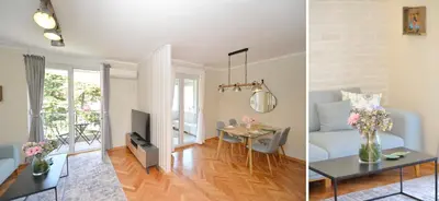 two pictures of a living room and a dining room at The Nest - Urban Family place in Kotor