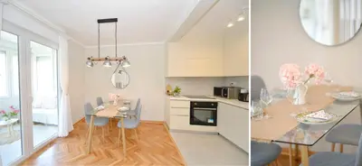 a kitchen and a dining room with a table and chairs at The Nest - Urban Family place in Kotor