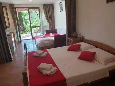 a hotel room with two beds with red pillows at Zoro Apartments in Sveti Stefan