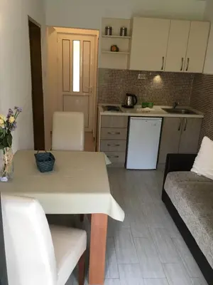 a kitchen and living room with a table and a couch at Apartments Vojvoda in Kotor