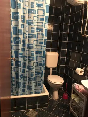 a bathroom with a toilet and a shower curtain at Apartments Holiday in Budva