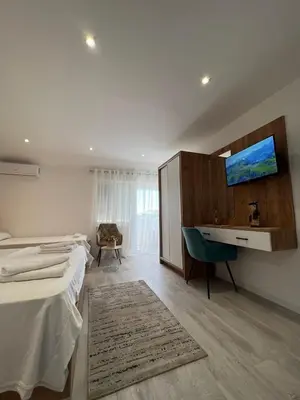 a bedroom with a bed and a desk and a tv at Apartments Hillside in Ulcinj