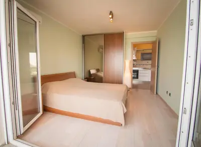 a bedroom with a bed and a sliding glass door at Mum's Apartment in Petrovac na Moru