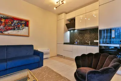 a living room with a blue couch and a kitchen at Royal Montesun Apartments in Budva