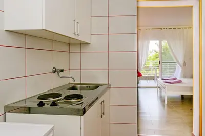 a kitchen with a sink and a stove at Apartments Wild Beauty in Sutomore