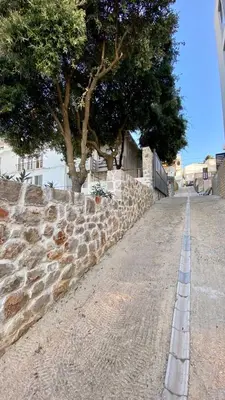 a street with a stone wall and a tree at SeaStar Eco Villa in Utjeha