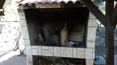 a brick fireplace with a cat sitting in it at Vacation home in Virpazar