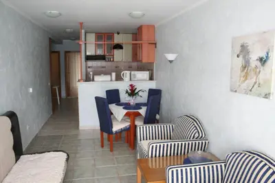 a living room with a table and chairs and a kitchen at Beachfront apartment in Becici,Rafilovici,Budva in Budva
