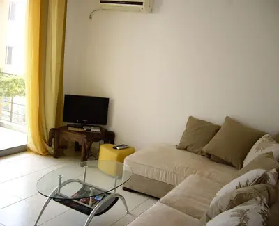 a living room with a couch and a tv at Bečići Sunset Apartments in Becici