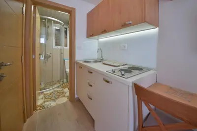 a white kitchen with a sink and a shower at Apartmani Ljubo Rafailovic 2 in Rafailovici