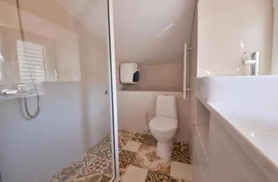 a white bathroom with a toilet and a shower at Apartmani Ljubo Rafailovic 2 in Rafailovici