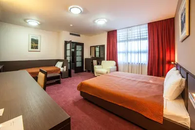 a hotel room with a bed and a desk at Hotel Terminus in Podgorica