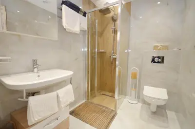 a bathroom with a shower and a sink and a toilet at DC Apartment D in Kotor