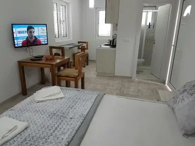 a living room with a bed and a table and a television at Porto Njeguši A1 in Cetinje
