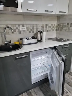 a kitchen with an open refrigerator and a sink at Porto Njeguši A1 in Cetinje
