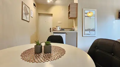 a dining room table with two chairs and a kitchen at Cicki Apartments I - Renovated 2025 in Podgorica