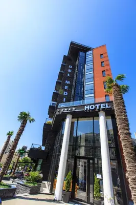 a hotel with palm trees in front of it at Hotel Del Medio in Sutomore