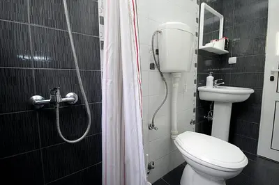 a small bathroom with a toilet and a shower at Villa Jupok in Bar