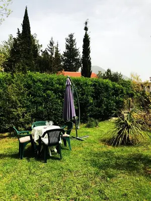 a table and chairs with an umbrella in the grass at Vila Jovana in Sutomore