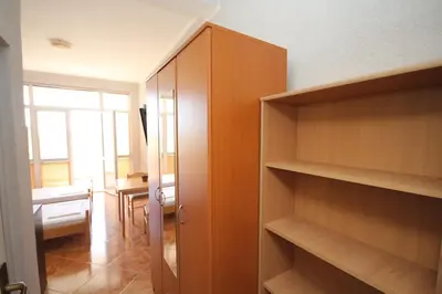 a room with wooden shelves and a living room at Apartments DEA in Bar
