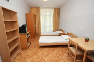 a small room with two beds and a table at Apartments DEA in Bar
