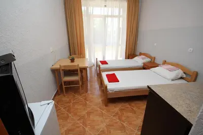 a small room with two beds and a table at Apartments DEA in Bar
