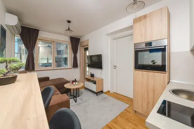 a kitchen and living room with a couch and a tv at Blue Marlin Apartments in Budva