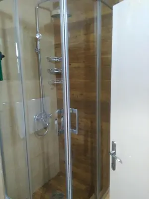 a shower in a bathroom with a glass door at Rustic Stone House in Bar