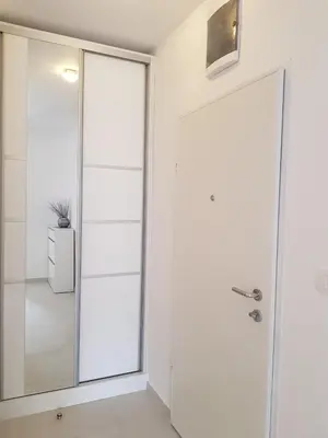 a glass shower door in a white bathroom at Lux Apartment Teodora Rafailovici in Rafailovici