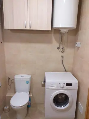 a bathroom with a toilet and a washing machine at Aphrodite Apartment in Podgorica