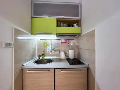 a small kitchen with a sink and green cabinets at Palma Apartments in Kotor