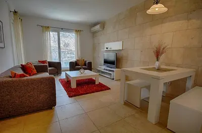 a living room with a couch a table and a tv at Muo Apartments in Kotor
