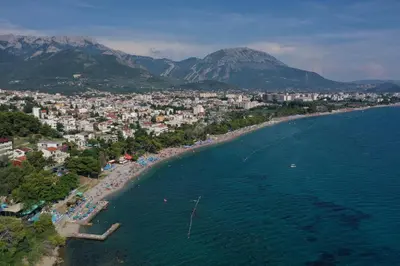 an aerial view of a beach with a city at Green Line Guesthouse in Bar
