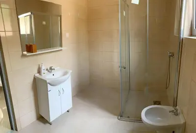 a bathroom with a shower and a sink and a toilet at Apartment kalina in Bar