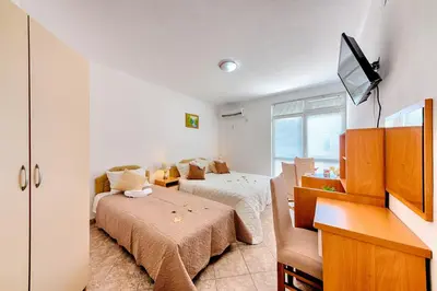 a bedroom with two beds and a television in it at HOTEL DANA in Čanj
