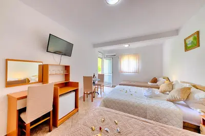 a bedroom with two beds and a desk and a television at HOTEL DANA in Čanj