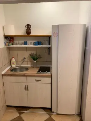 a small kitchen with a refrigerator and a sink at Viktor Rooms in Kotor