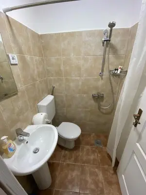 a bathroom with a toilet and a sink and a shower at Viktor Rooms in Kotor