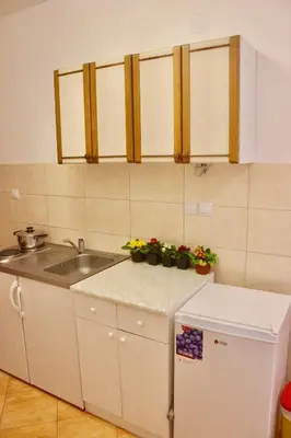 a small kitchen with a sink and a refrigerator at Nir Apartments Budva in Budva