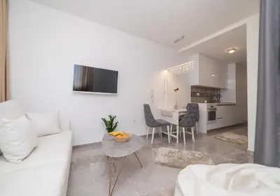a living room with a white couch and a table at Twins in Rafailovici