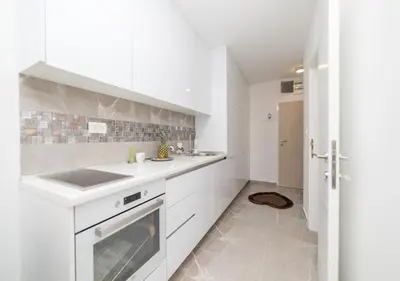 a white kitchen with a sink and a dishwasher at Twins in Rafailovici