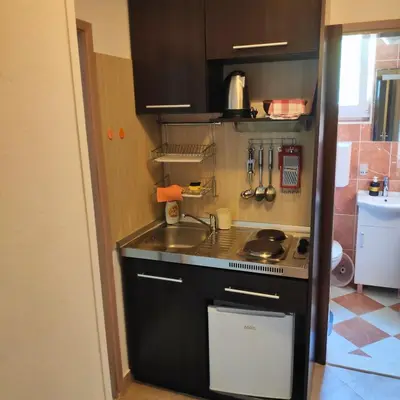 a small kitchen with a sink and a stove at Apartmani Asanović in Budva