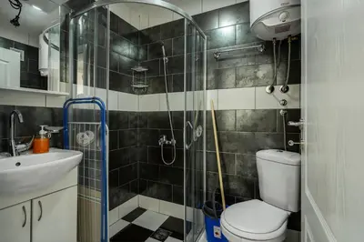 a bathroom with a shower and a toilet and a sink at Apartments Natali in Bar